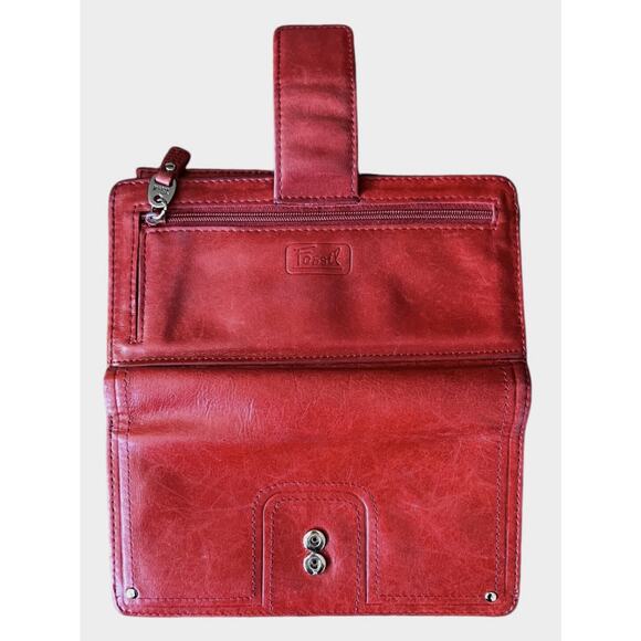 Fossil Wallet Red Leather Checkbook Snap Closure Zip Coin ID Bi-fold - Picture 6 of 12